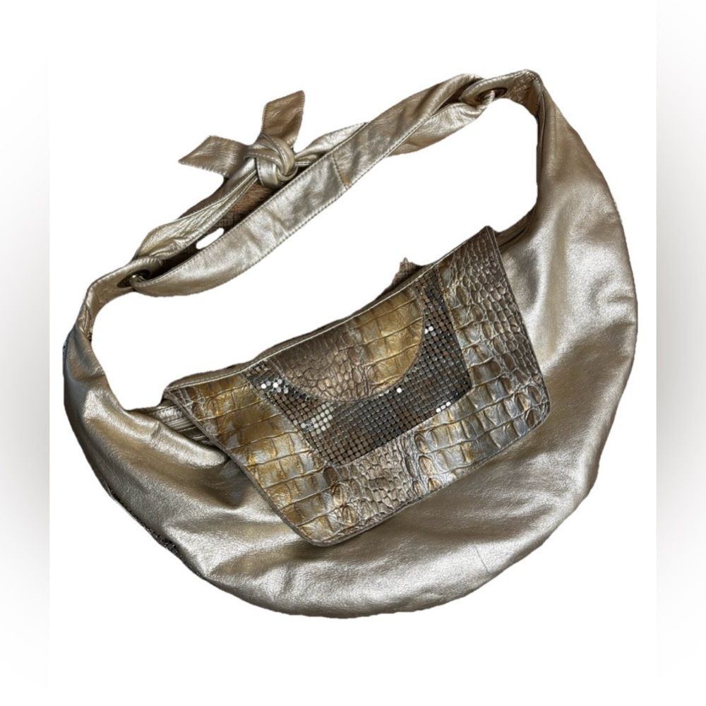 Treesje Y2K Hobo Leather Handbag Metallic Gold Croc Snake Patch Zip Shoulder Bag
